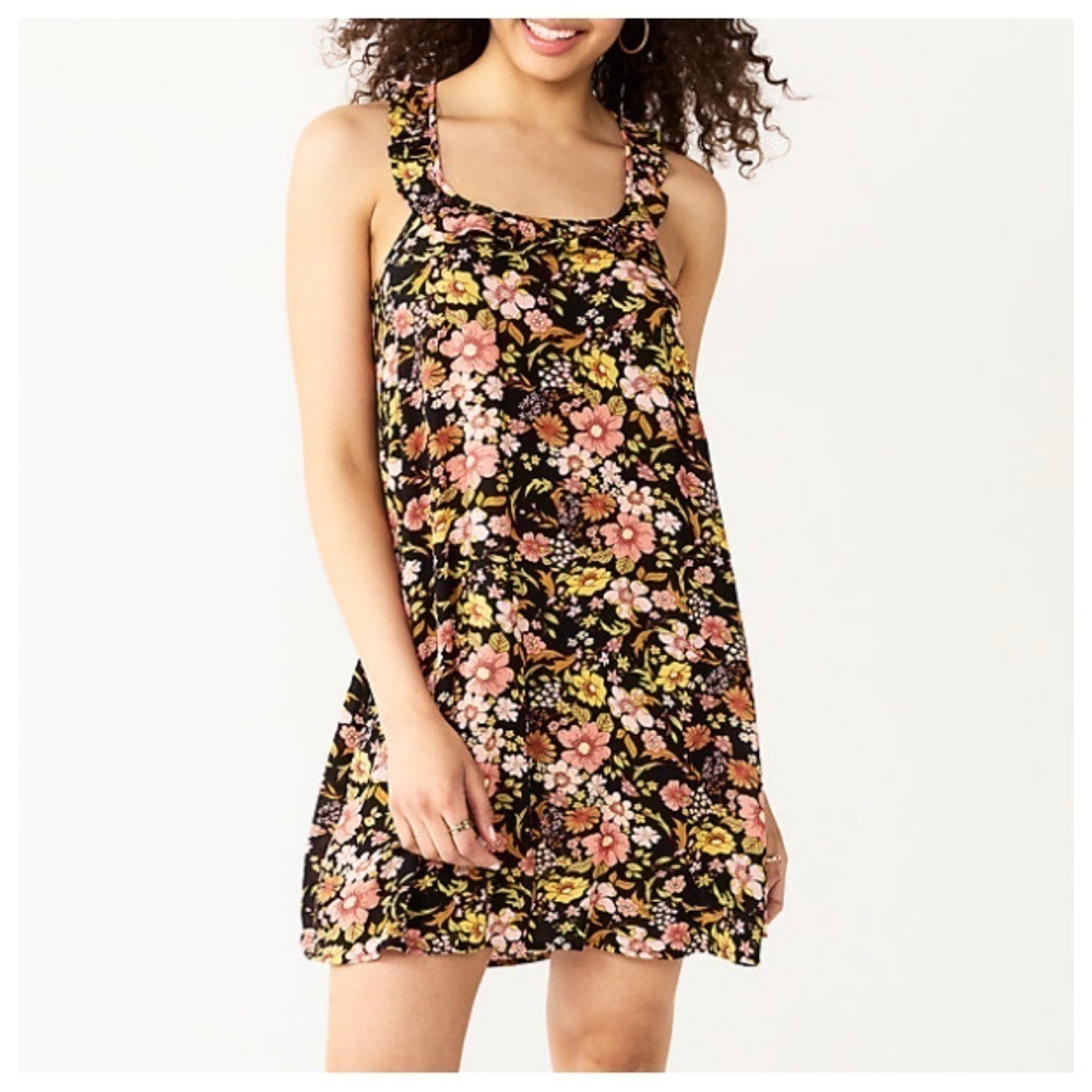 #06 NWT Juniors SO Floral Ruffle Criss Cross Spaghetti Strap Swing Dress Small - Picture 2 of 6